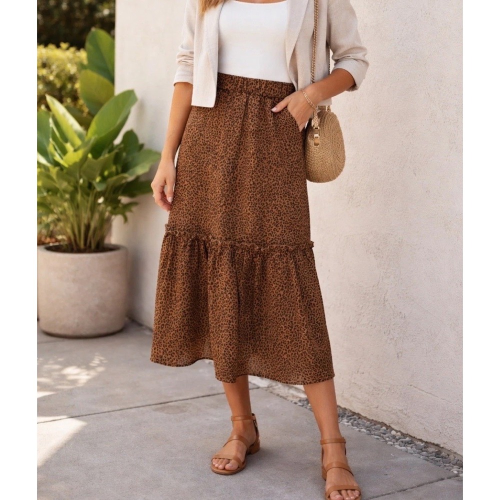Women's Leopard Print Midi Skirt‎ Elastic Waist Size 0XL